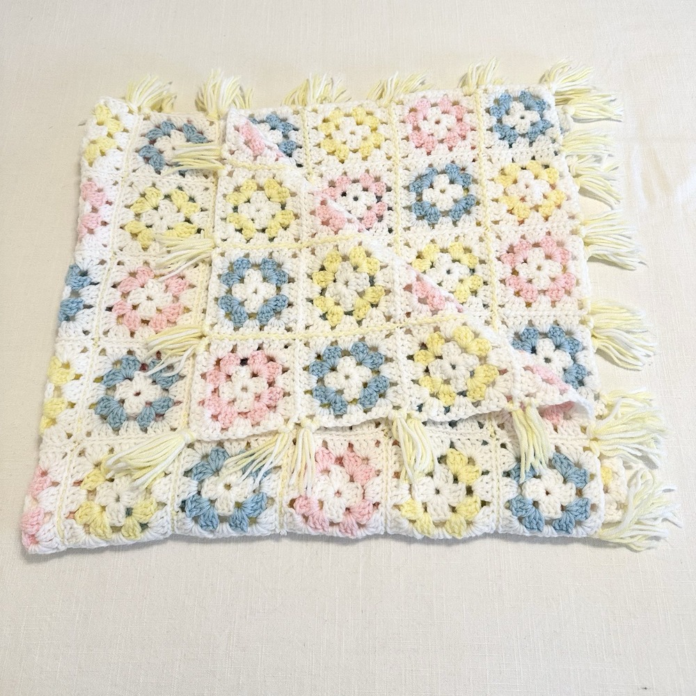 Granny Square Afghan Crochet Baby Blanket Handmade Pink Blue Yellow 41"x46"